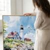 02 - Woman standing next to Large Portland Maine Head Light Watercolor - Square Canvas Print with Natural floater Frame.jpg