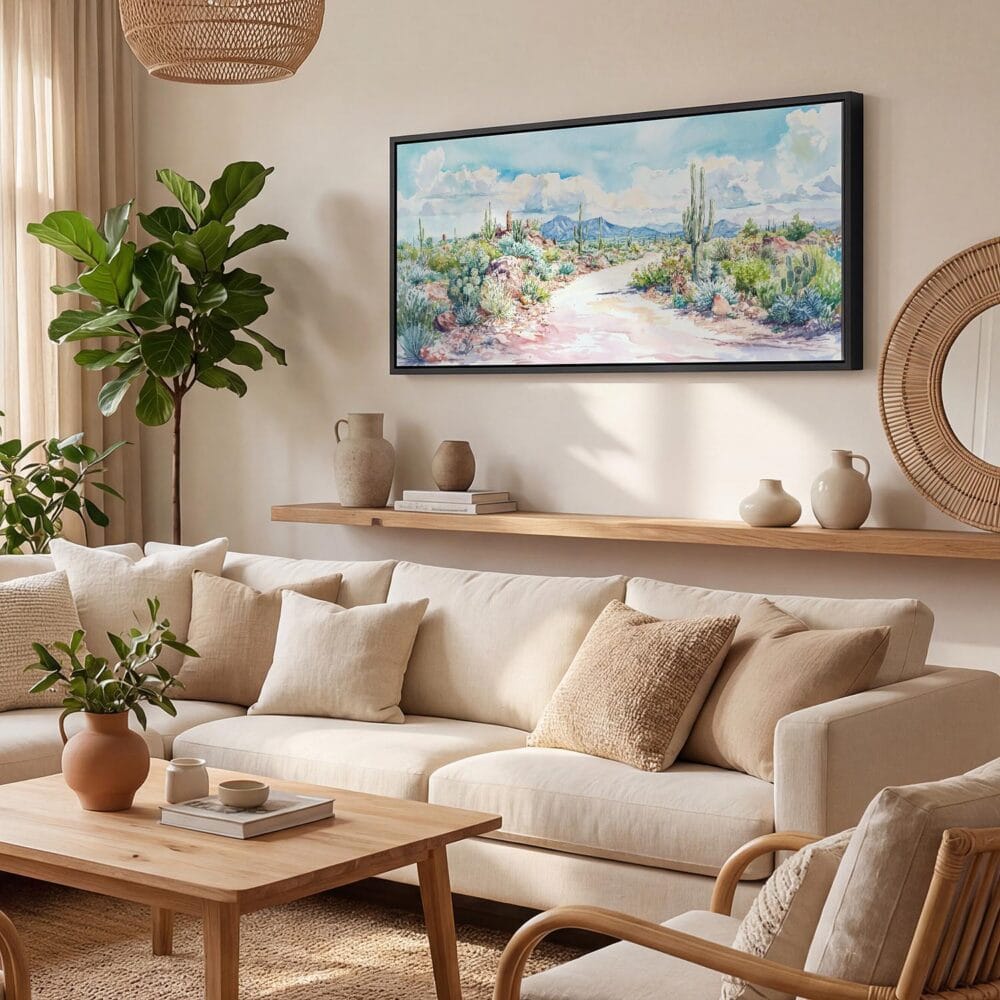 02 - saguaro national park Panorama Watercolor Canvas Print with Black Floater Frame - Boho Room.jpg 02 - saguaro national park Panorama Watercolor Canvas Print with Black Floater Frame - Boho Room.jpg