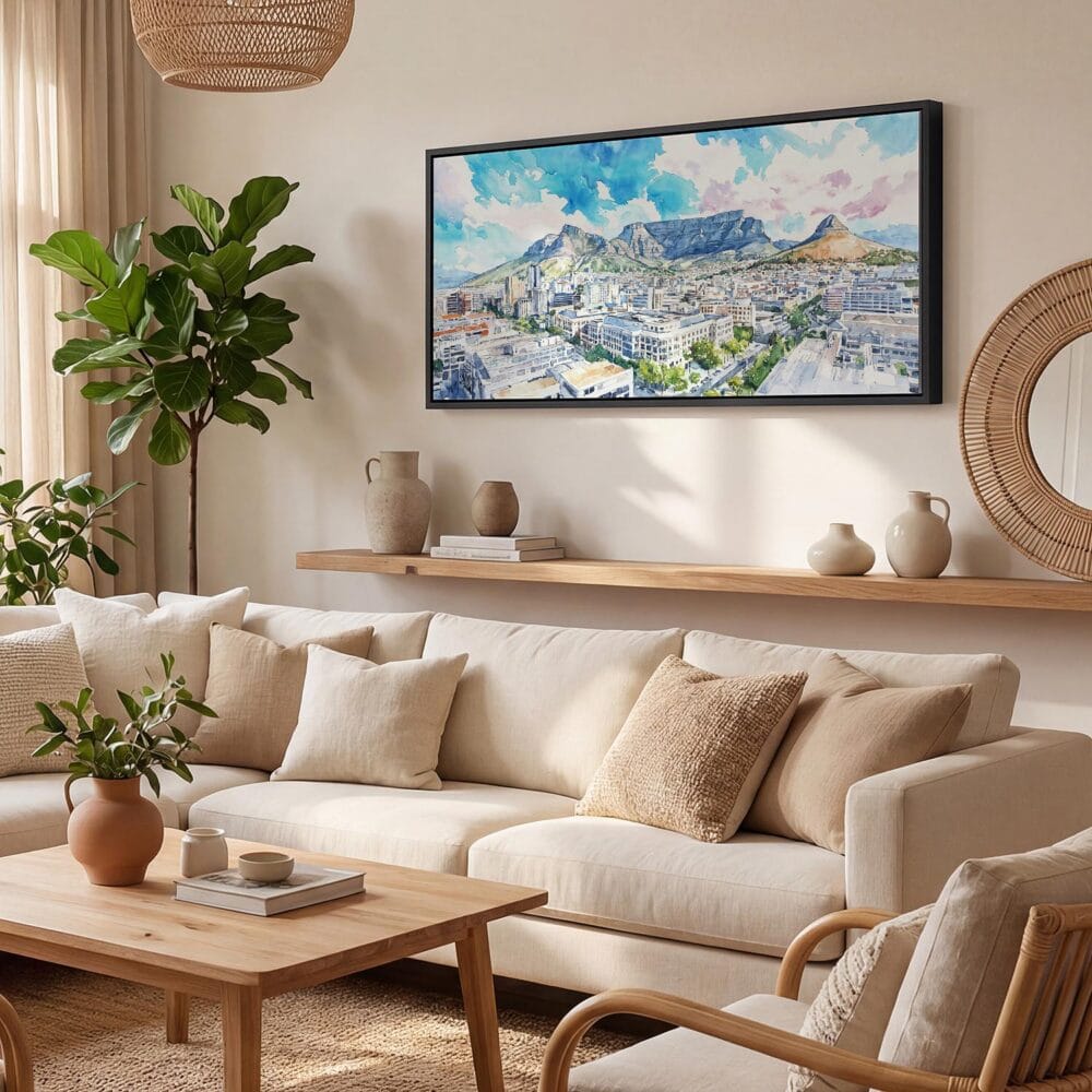 03 - Cape Town Watercolor - Panorama Canvas Print with Black Floater Frame - Boho Room.jpg 03 - Cape Town Watercolor - Panorama Canvas Print with Black Floater Frame - Boho Room.jpg