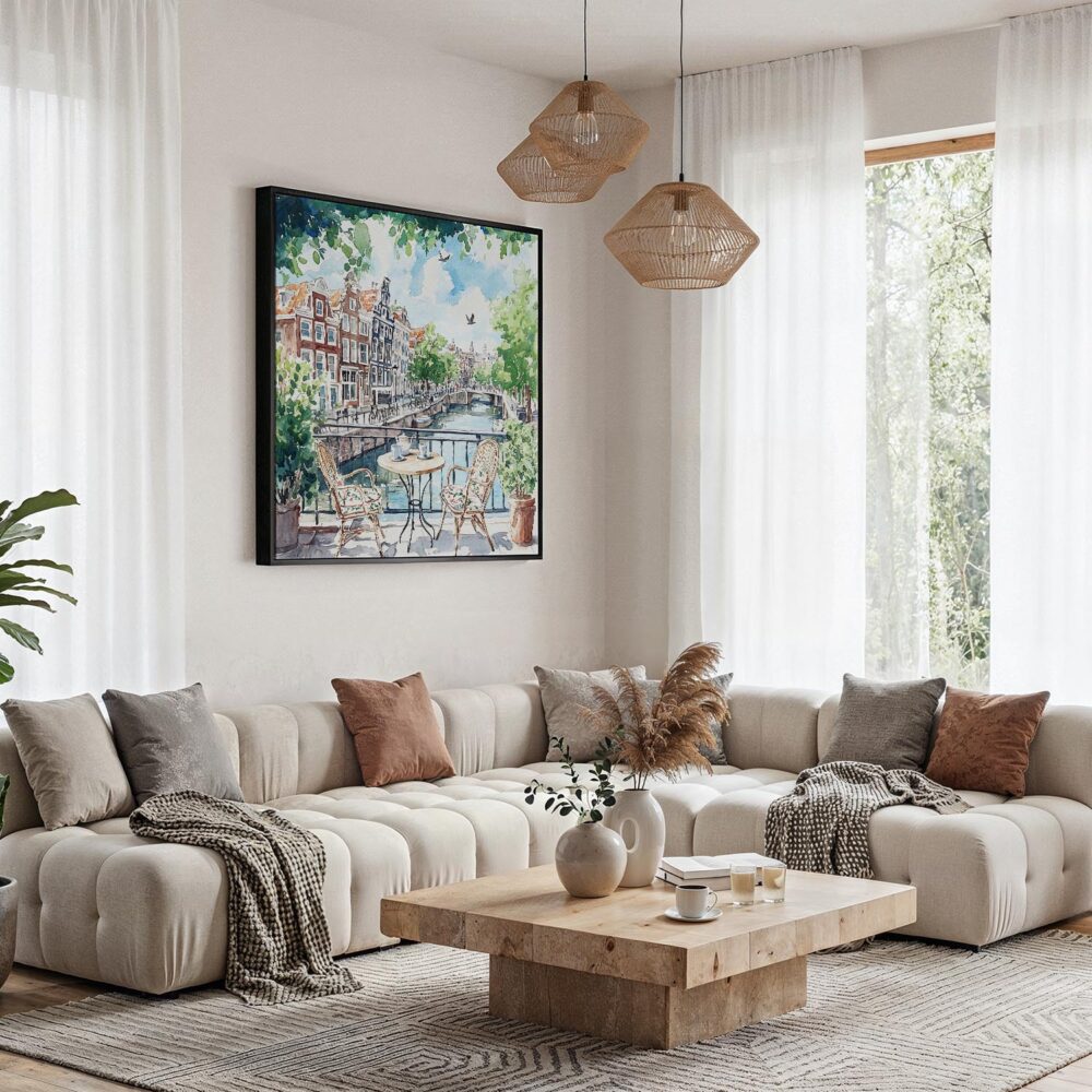 03 - Framed Amsterdam Canal Watercolor - Square Canvas Print - Boho Living Room.jpg 03 - Framed Amsterdam Canal Watercolor - Square Canvas Print - Boho Living Room.jpg