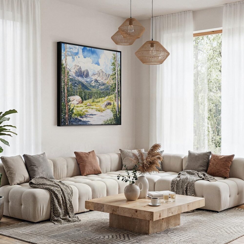 03 - Framed Colorado Rocky Mountains Watercolor - Square Canvas Print - Boho Living Room.jpg 03 - Framed Colorado Rocky Mountains Watercolor - Square Canvas Print - Boho Living Room.jpg