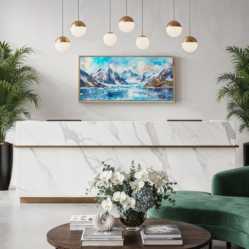 03 - Framed Glacier Bay National Park Panorama Watercolor Canvas Print - Hotel Lobby.jpg 03 - Framed Glacier Bay National Park Panorama Watercolor Canvas Print - Hotel Lobby.jpg