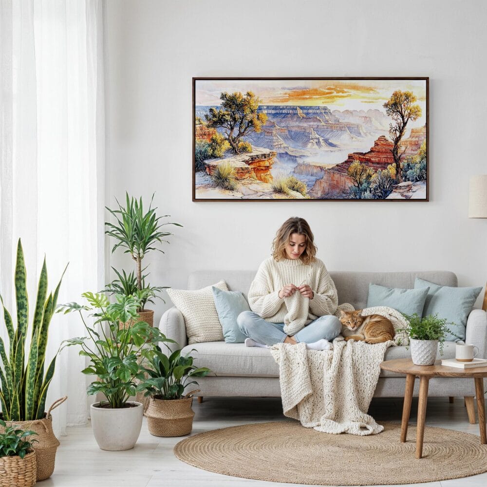 03 - Framed Grand Canyon National Park Watercolor - Panorama Canvas Print - Woman Knitting on Sofa.jpg 03 - Framed Grand Canyon National Park Watercolor - Panorama Canvas Print - Woman Knitting on Sofa.jpg