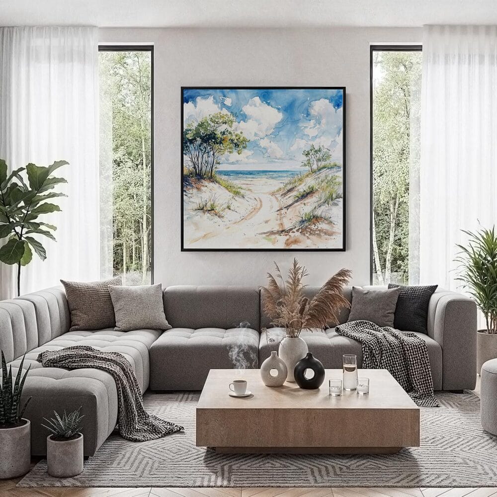 03 - Framed Indiana Dunes National Park Watercolor - Square Canvas Print - Contemporary Living Room.jpg 03 - Framed Indiana Dunes National Park Watercolor - Square Canvas Print - Contemporary Living Room.jpg