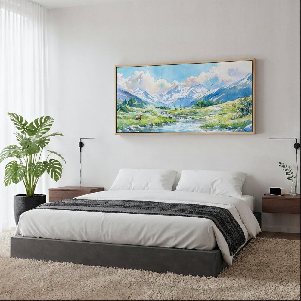 03 - Framed Katmai National Park Panorama Watercolor Canvas Print - Woman in contemporary Bed Room.jpg 03 - Framed Katmai National Park Panorama Watercolor Canvas Print - Woman in contemporary Bed Room.jpg