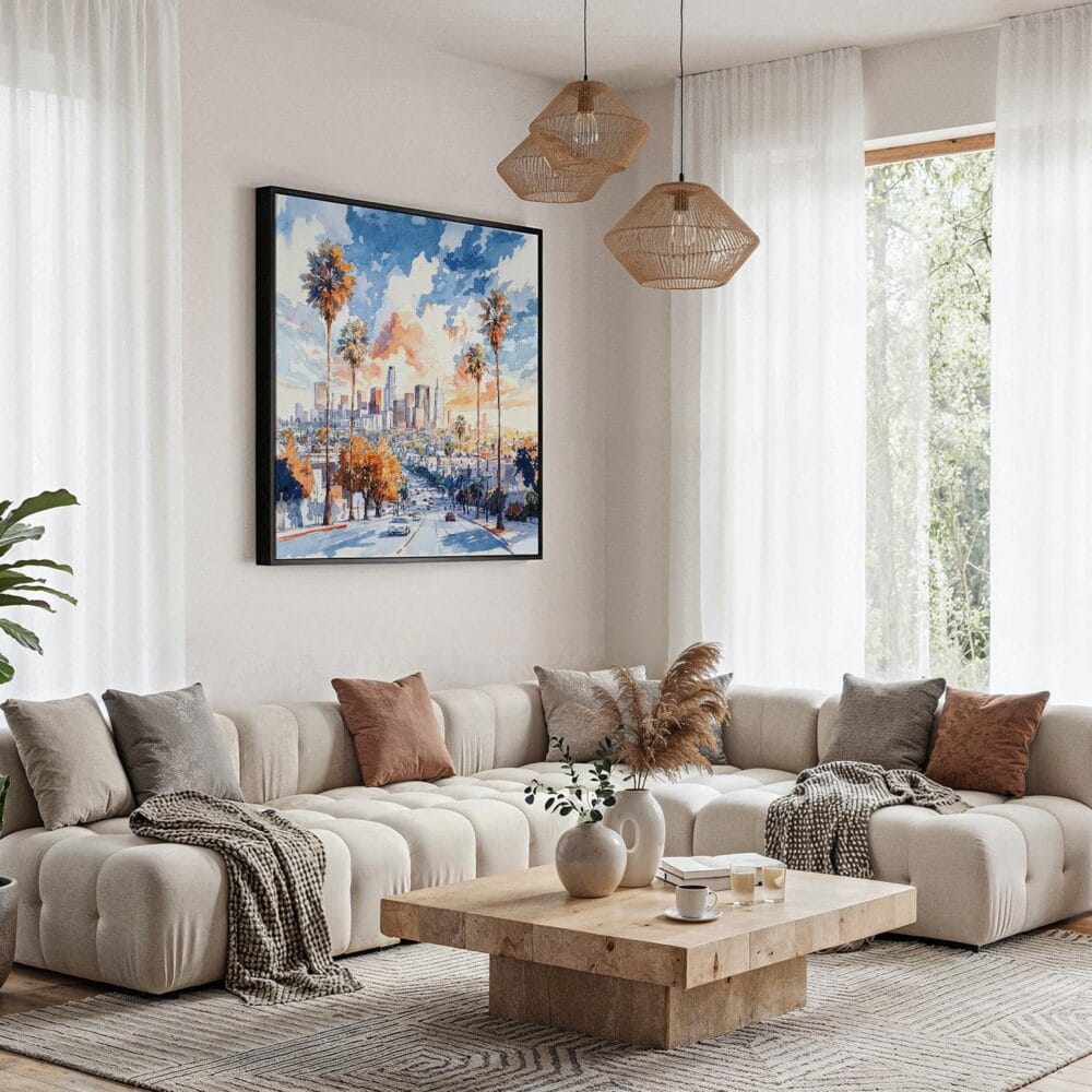 03 - Framed Los Angeles Skyline Watercolor - Square Canvas Print - Boho Living Room.jpg 03 - Framed Los Angeles Skyline Watercolor - Square Canvas Print - Boho Living Room.jpg