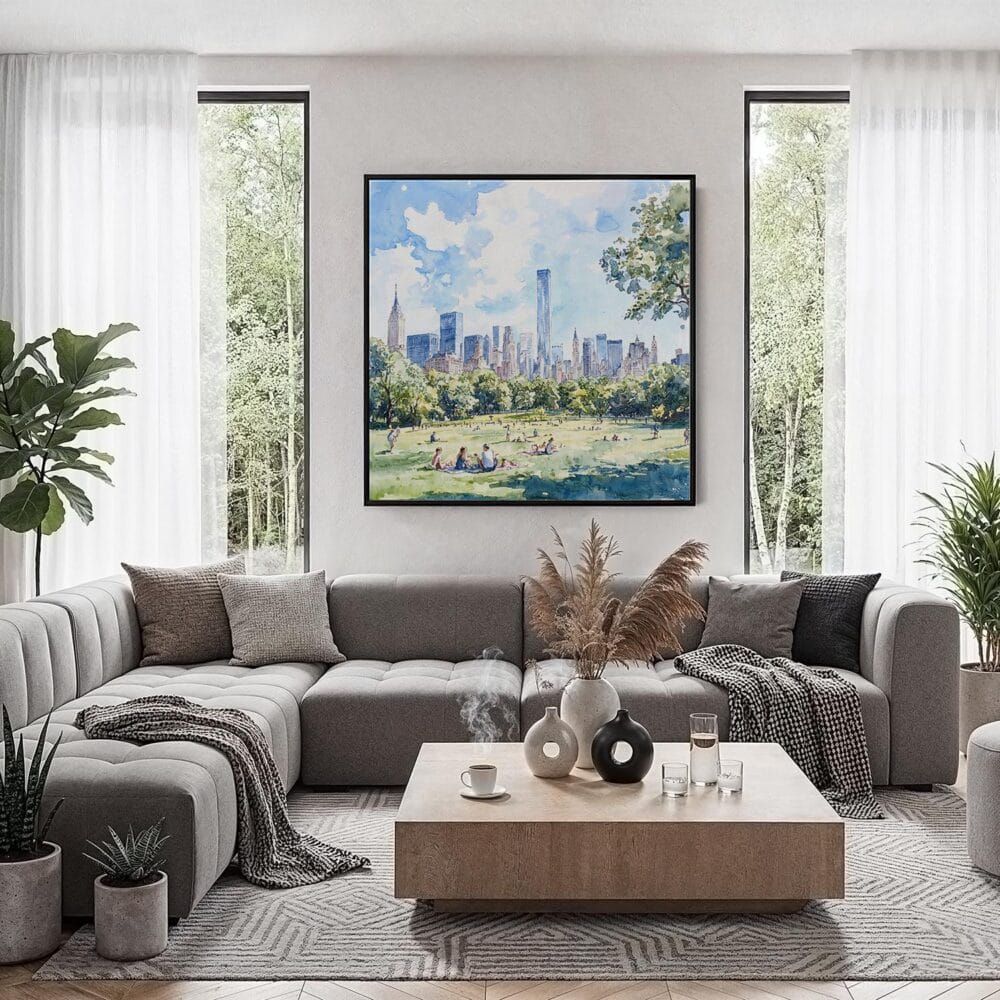 03 - Framed NYC Central Park Watercolor - Square Canvas Print - Contemporary Living Room.jpg 03 - Framed NYC Central Park Watercolor - Square Canvas Print - Contemporary Living Room.jpg