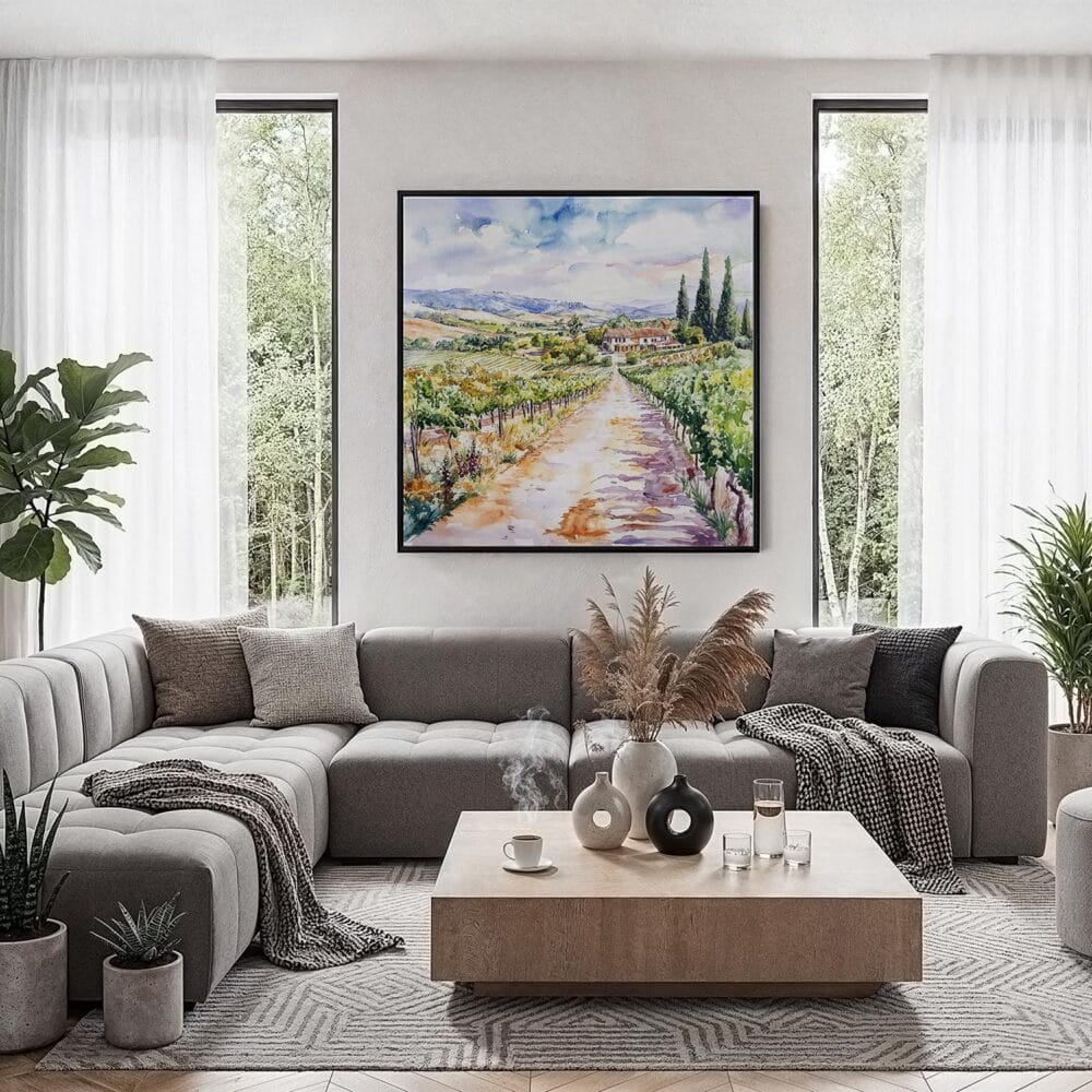 03 - Framed Napa Valley Vineyard Watercolor - Square Canvas Print - Contemporary Living Room.jpg 03 - Framed Napa Valley Vineyard Watercolor - Square Canvas Print - Contemporary Living Room.jpg