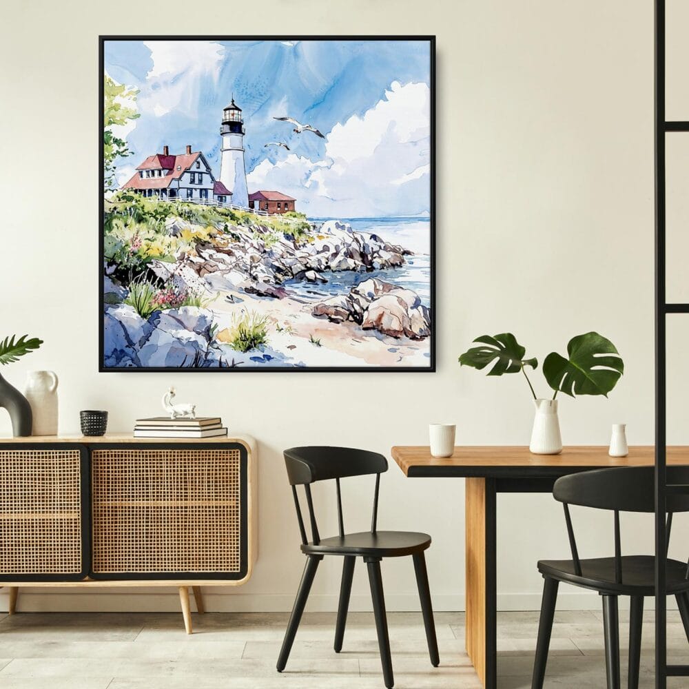 03 - Framed Portland Maine Head Light Watercolor - Square Canvas Print - Boho Kitchen.jpg 03 - Framed Portland Maine Head Light Watercolor - Square Canvas Print - Boho Kitchen.jpg
