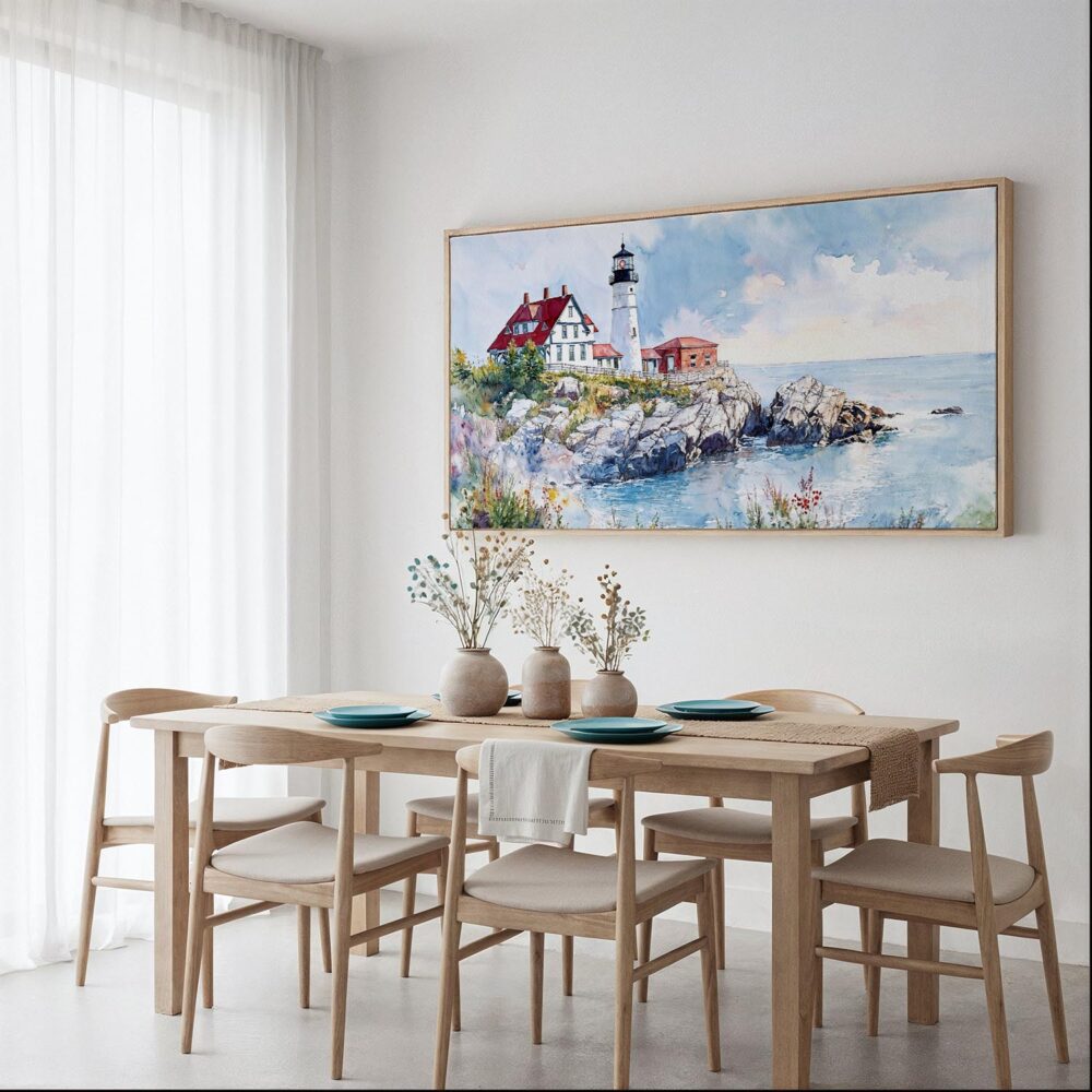 03 - Framed Portland Maine Lighthouse Watercolor - Panorama Canvas Print - Dining Table 03 - Framed Portland Maine Lighthouse Watercolor - Panorama Canvas Print - Dining Table