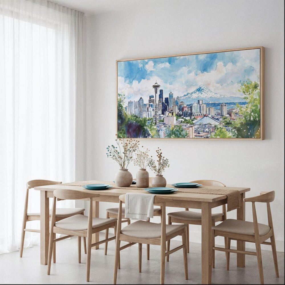 03 - Framed Seattle Watercolor - Panorama Canvas Print - Dining Table.jpg 03 - Framed Seattle Watercolor - Panorama Canvas Print - Dining Table.jpg