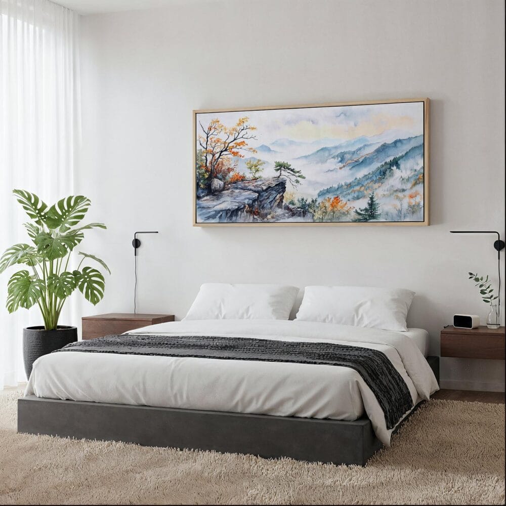 03 - Framed Shenandoah National park Panorama Watercolor Canvas Print - Woman in contemporary Bed Room.jpg 03 - Framed Shenandoah National park Panorama Watercolor Canvas Print - Woman in contemporary Bed Room.jpg