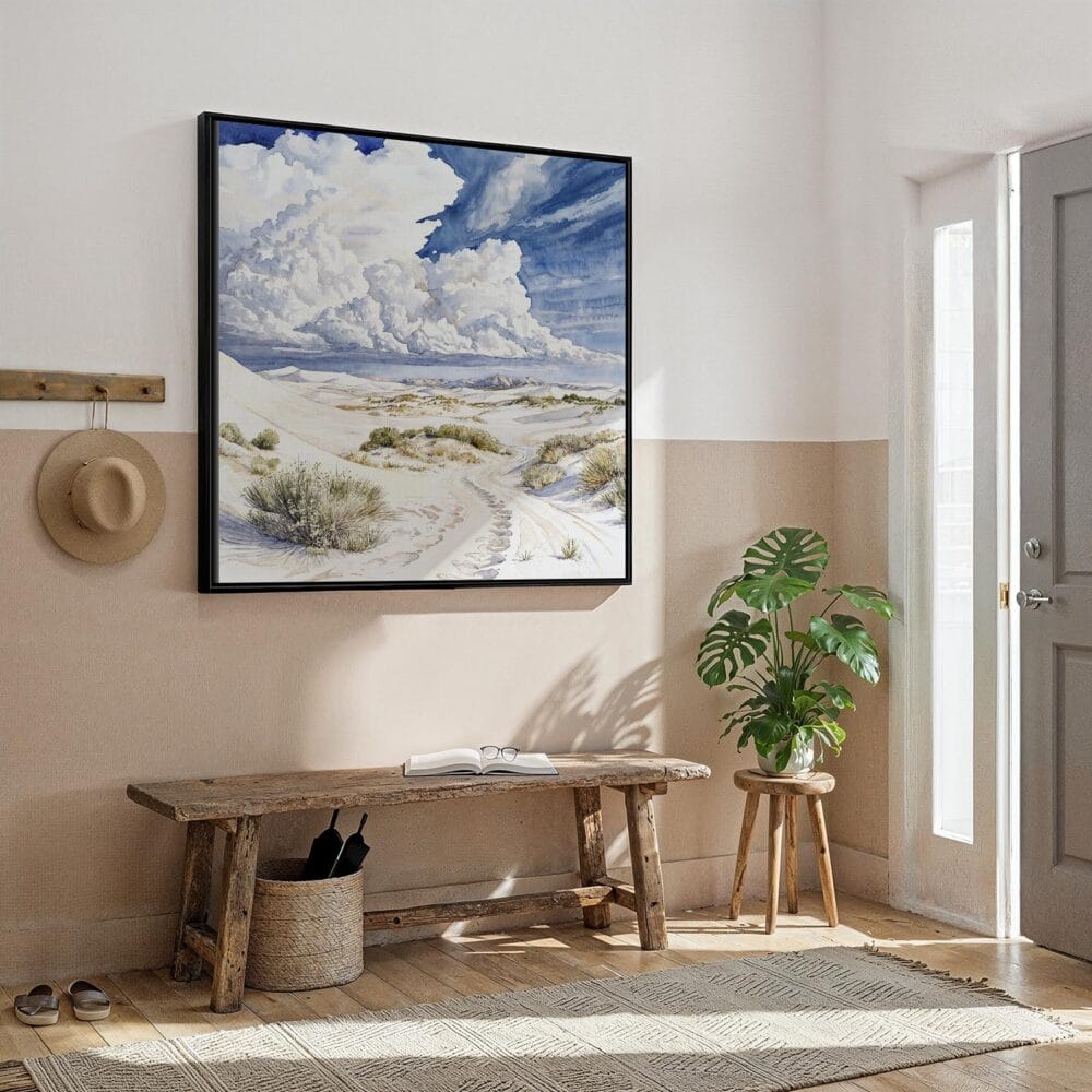 03 - Framed White Sands National Park Watercolor Style - Square Canvas Print - Hallway.jpg 03 - Framed White Sands National Park Watercolor Style - Square Canvas Print - Hallway.jpg