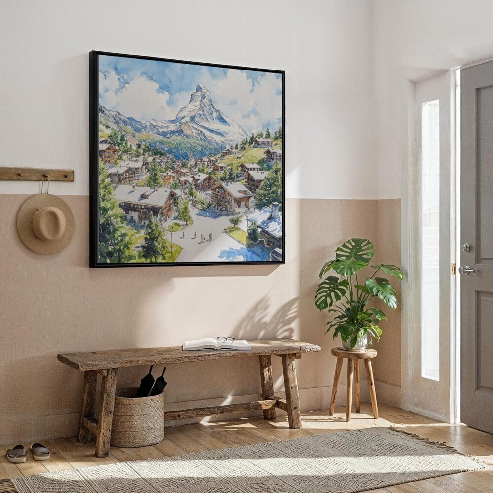 03 - Framed Zermatt Switzerland Watercolor - Square Canvas Print - Hallway.jpg 03 - Framed Zermatt Switzerland Watercolor - Square Canvas Print - Hallway.jpg