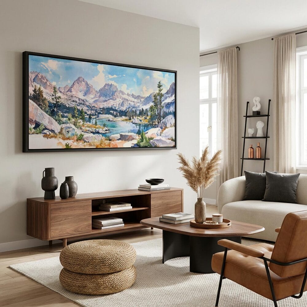 03 - King Canyons National Park Panorama Watercolor Canvas Print with Black Floater Frame - Mid Century Room.jpg 03 - King Canyons National Park Panorama Watercolor Canvas Print with Black Floater Frame - Mid Century Room.jpg