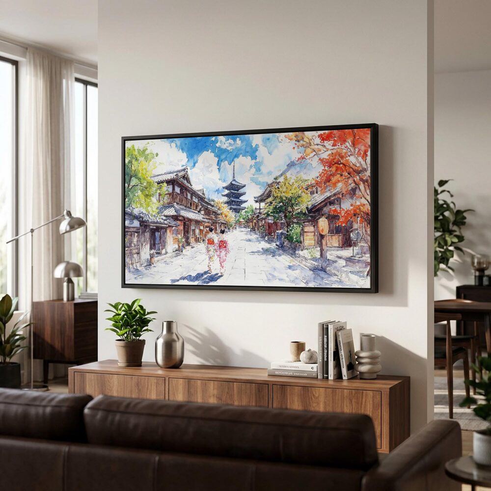 03 - Kyoto Japan Watercolor - Panorama Canvas Print with Black Floater Frame - Mid Century Room 2.jpg 03 - Kyoto Japan Watercolor - Panorama Canvas Print with Black Floater Frame - Mid Century Room 2.jpg