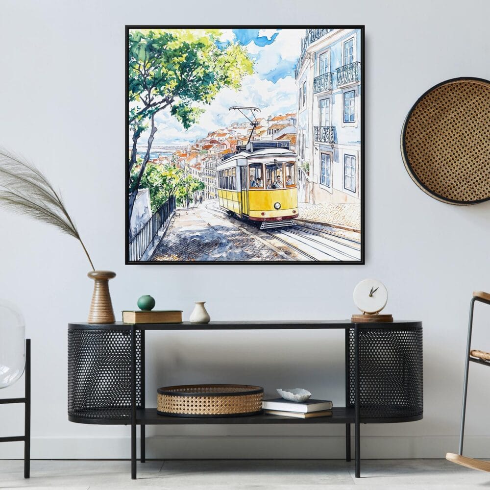 03 - Large Lisbon Portugal Yellow Tram Watercolor - Square Canvas Print in Midcentury Corner.jpg 03 - Large Lisbon Portugal Yellow Tram Watercolor - Square Canvas Print in Midcentury Corner.jpg