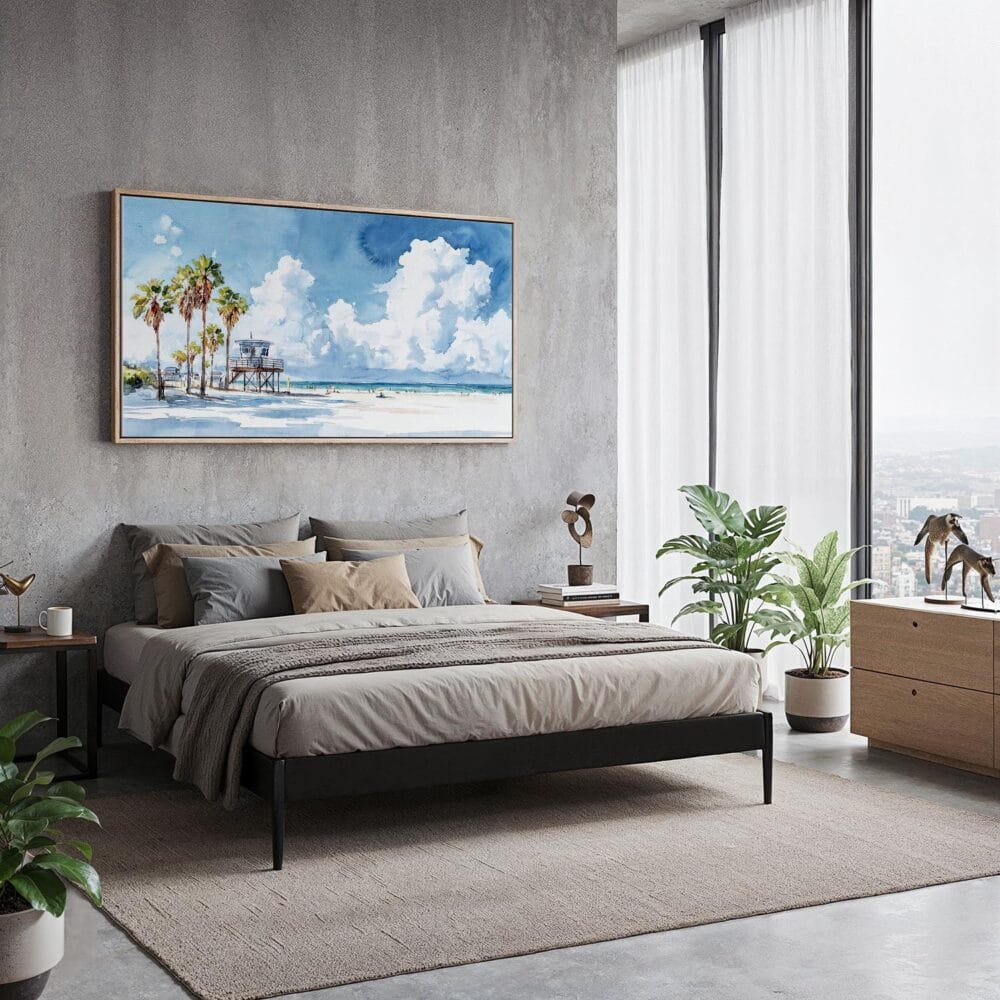 03 - Large Los Angeles Beach Watercolor - Panorama Canvas Print with Natural Floater Frame in modern Bedroom.jpg 03 - Large Los Angeles Beach Watercolor - Panorama Canvas Print with Natural Floater Frame in modern Bedroom.jpg
