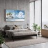 03 - Large Los Angeles Beach Watercolor - Panorama Canvas Print with Natural Floater Frame in modern Bedroom.jpg