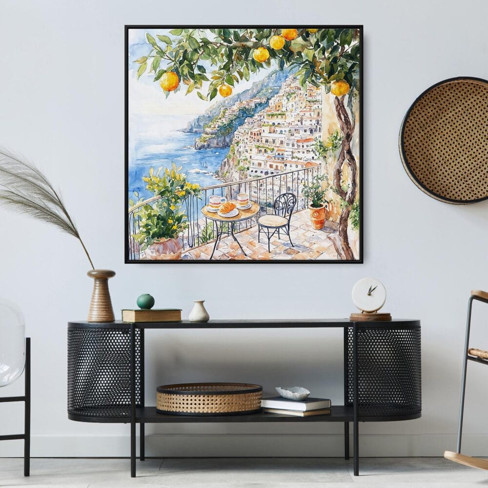 03 - Large Morning Coffee at Amalfi Coast Italy Watercolor - Square Canvas Print in Midcentury Corner.jpg 03 - Large Morning Coffee at Amalfi Coast Italy Watercolor - Square Canvas Print in Midcentury Corner.jpg
