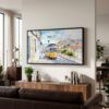03 - Lisbon Portugal Yellow Tram Watercolor - Panorama Canvas Print with Black Floater Frame - Mid Century Room 2.jpg