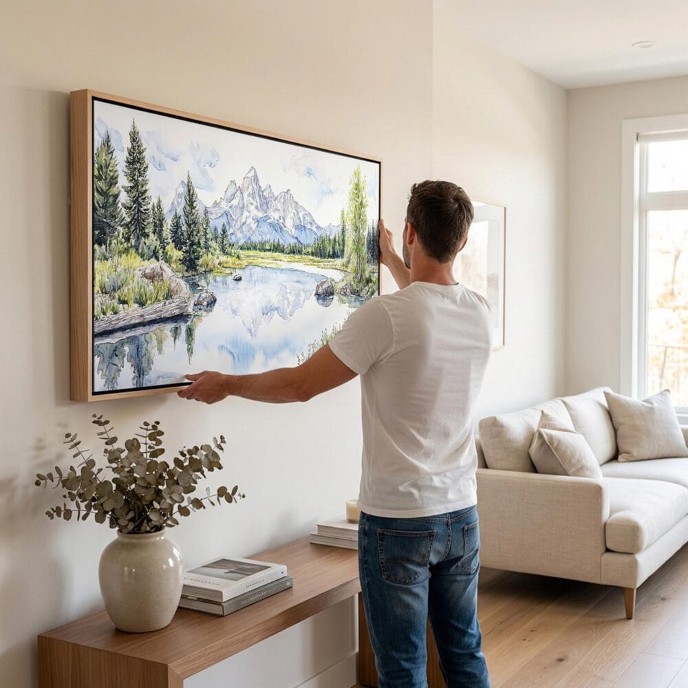03 - Man Hanging Grand Teton National Park Watercolor - Panorama Canvas Wall art with Black Floater Frame.jpg 03 - Man Hanging Grand Teton National Park Watercolor - Panorama Canvas Wall art with Black Floater Frame.jpg