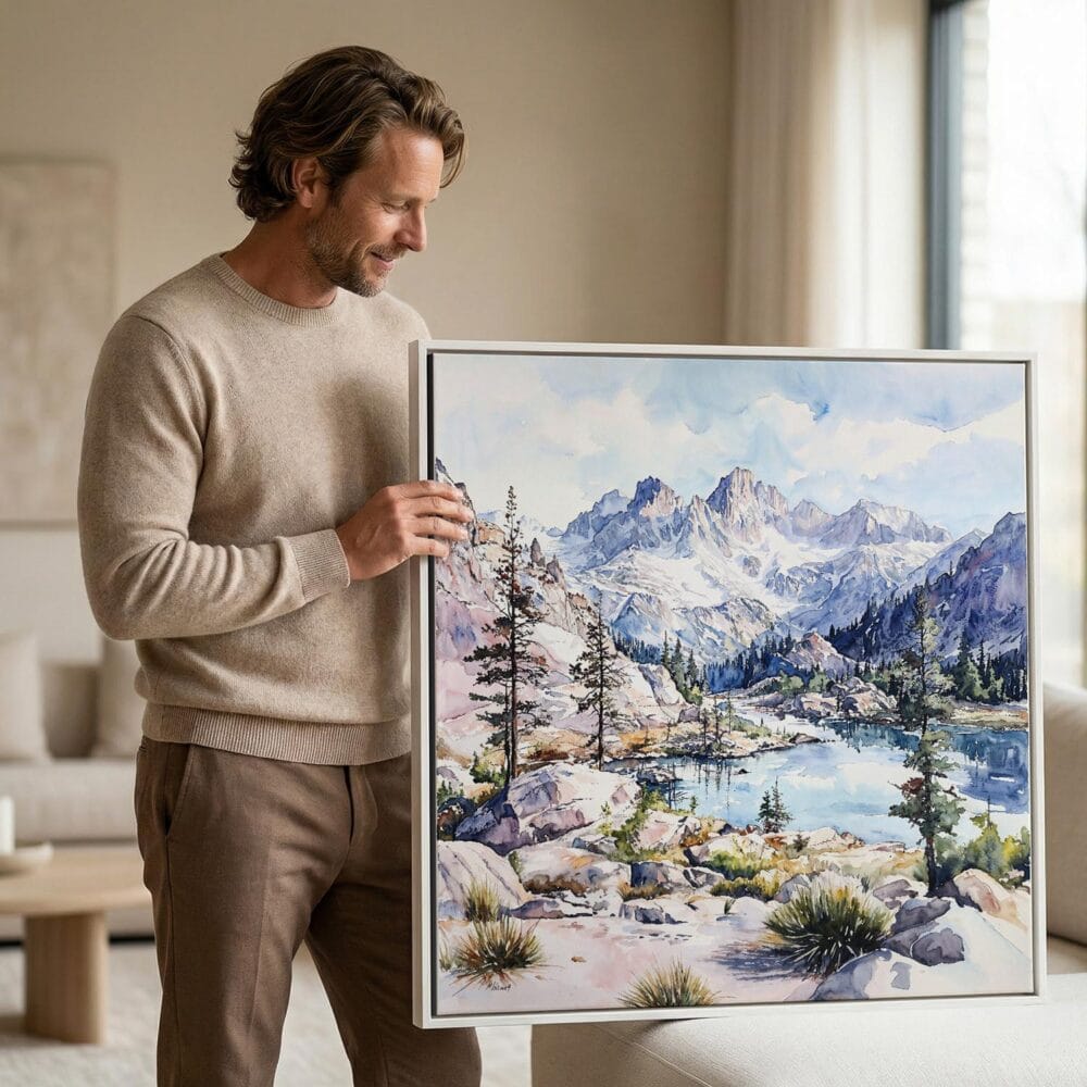 03 - Man holding Large Framed Kings Canyon National Park Watercolor - Square Canvas Print.jpg 03 - Man holding Large Framed Kings Canyon National Park Watercolor - Square Canvas Print.jpg