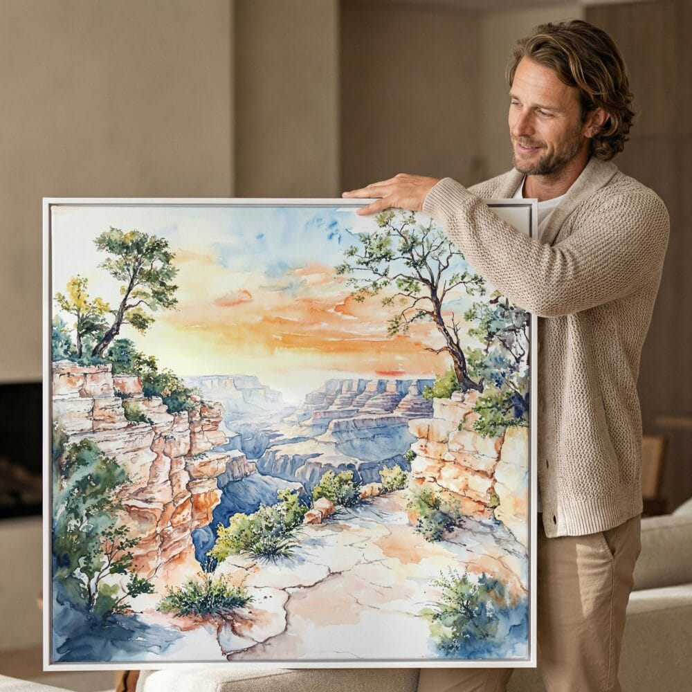 03 - Man holding Large Grand Canyon National park Watercolor - Square Canvas Print with White floater Frame.jpg 03 - Man holding Large Grand Canyon National park Watercolor - Square Canvas Print with White floater Frame.jpg