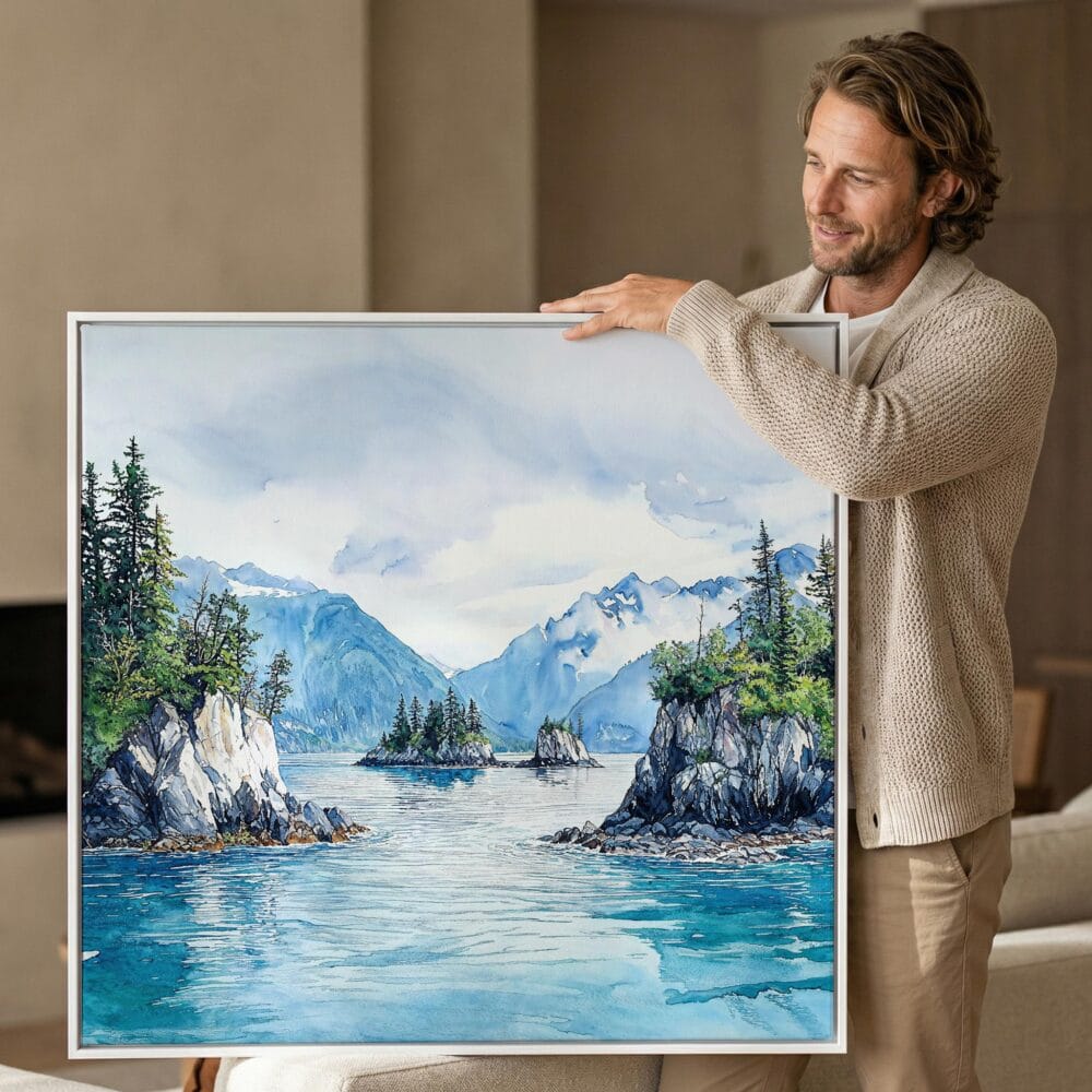 03 - Man holding Large Kenai Fjords National Park Watercolor - Square Canvas Print with White floater Frame.jpg 03 - Man holding Large Kenai Fjords National Park Watercolor - Square Canvas Print with White floater Frame.jpg