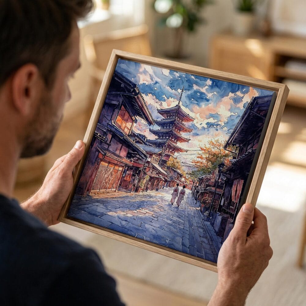 03 - Man holding Small Framed Kyoto Japan Watercolor - Square Canvas Print in Hand.jpg 03 - Man holding Small Framed Kyoto Japan Watercolor - Square Canvas Print in Hand.jpg