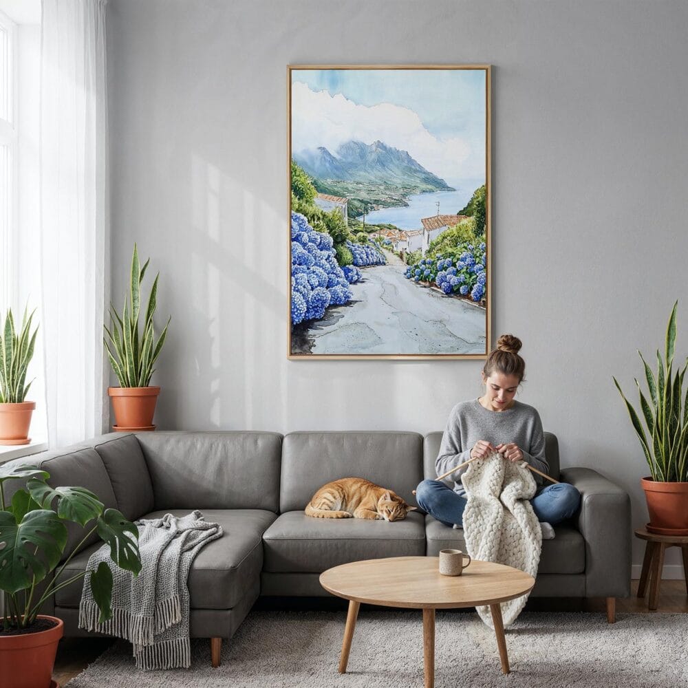 03 - Pico Island Portugal Watercolor Canvas Print with Natural Floater Frame - Woman Knitting on grey couch - Vertical.jpg 03 - Pico Island Portugal Watercolor Canvas Print with Natural Floater Frame - Woman Knitting on grey couch - Vertical.jpg