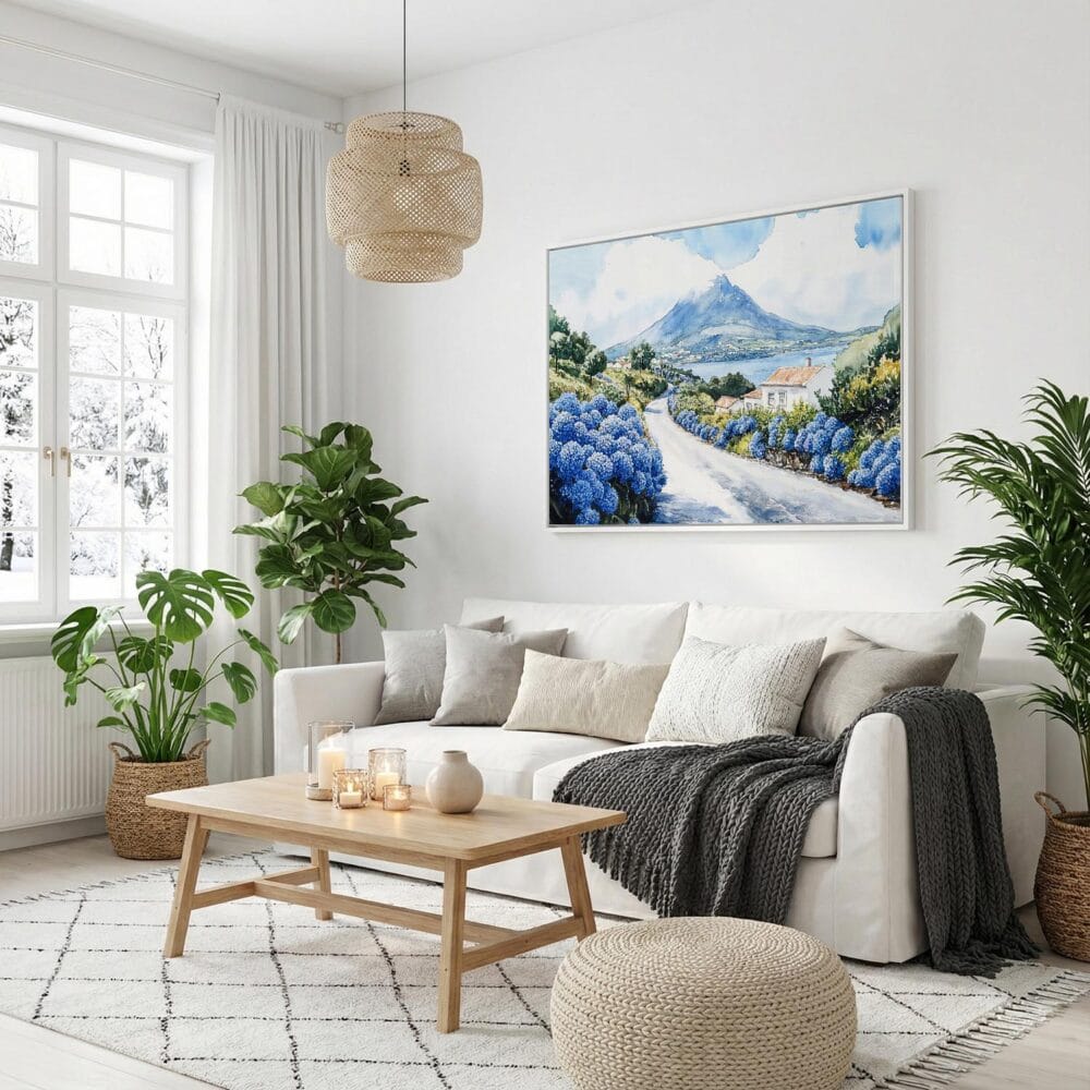 03 - Pico Island Portugal Watercolor - Horizontal Canvas Print with White Floater Frame in modern Scandi Living Room.jpg 03 - Pico Island Portugal Watercolor - Horizontal Canvas Print with White Floater Frame in modern Scandi Living Room.jpg