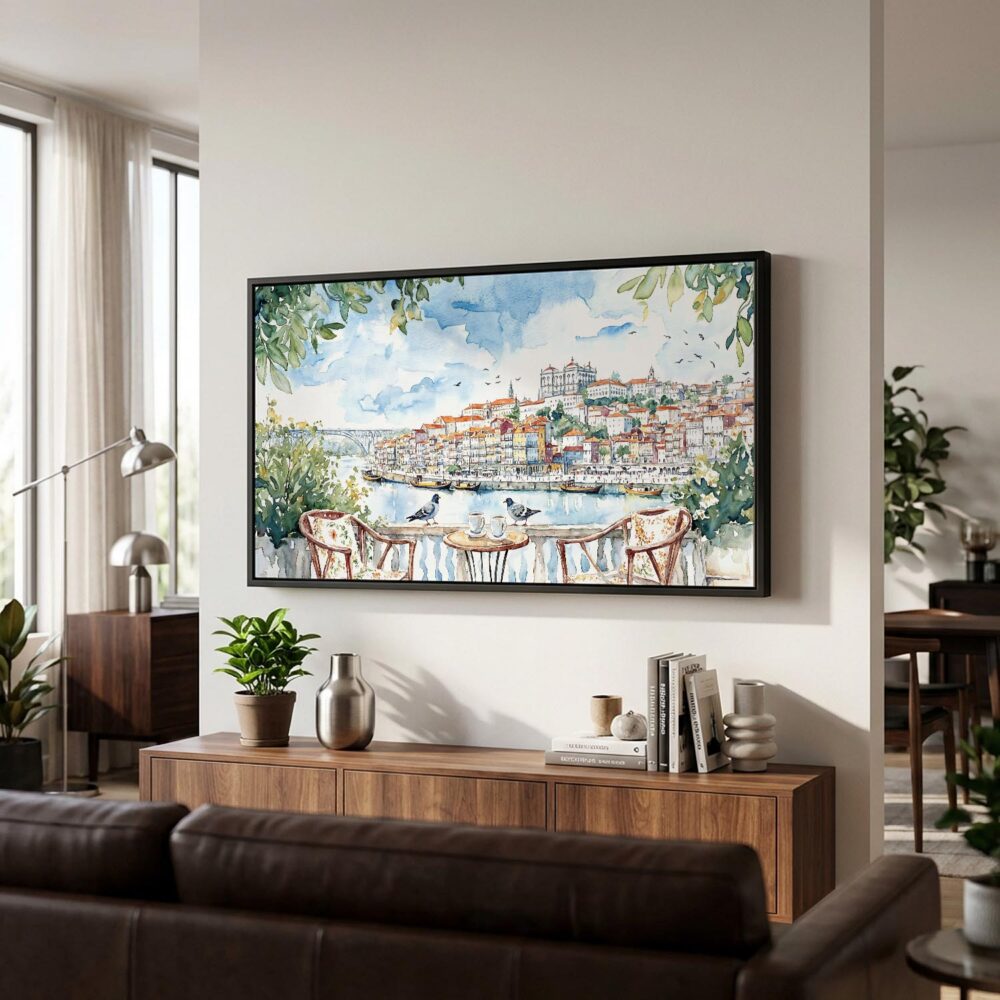 03 - Porto Balcony Watercolor - Panorama Canvas Print with Black Floater Frame - Mid Century Room 2.jpg 03 - Porto Balcony Watercolor - Panorama Canvas Print with Black Floater Frame - Mid Century Room 2.jpg