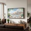 03 - Porto Balcony Watercolor - Panorama Canvas Print with Black Floater Frame - Mid Century Room 2.jpg