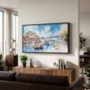 03 - Porto Ribeira Watercolor - Panorama Canvas Print with Black Floater Frame - Mid Century Room 2.jpg