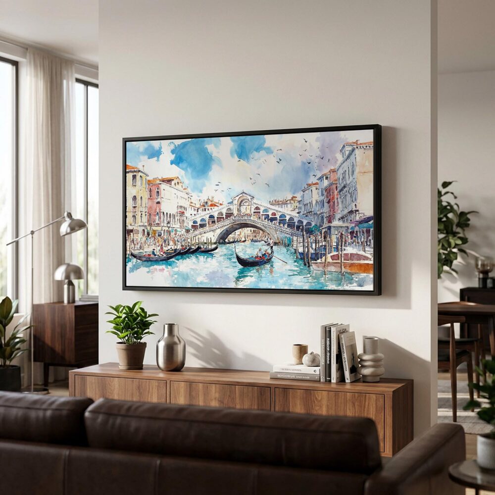 03 - Rialto Bridge Venice Watercolor - Panorama Canvas Print with Black Floater Frame - Mid Century Room 2.jpg 03 - Rialto Bridge Venice Watercolor - Panorama Canvas Print with Black Floater Frame - Mid Century Room 2.jpg