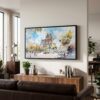 03 - Sagrada Familia Barcelona Watercolor - Panorama Canvas Print with Black Floater Frame - Mid Century Room 2.jpg