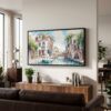 03 - Venice Canal Watercolor - Panorama Canvas Print with Black Floater Frame - Mid Century Room 2.jpg