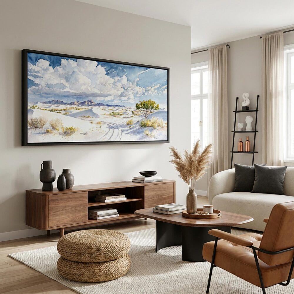 03 - White Sands National Park Panorama Watercolor Canvas Print with Black Floater Frame - Mid Century Room.jpg 03 - White Sands National Park Panorama Watercolor Canvas Print with Black Floater Frame - Mid Century Room.jpg