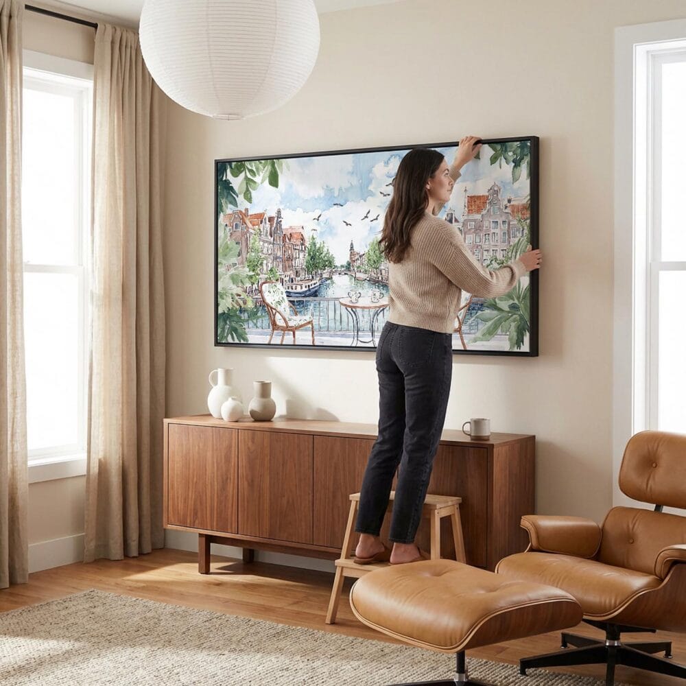 03 - Woman Hanging Amsterdam Balcony View Watercolor - Panorama Canvas Wall art with Natural Floater Frame in Living Room.jpg 03 - Woman Hanging Amsterdam Balcony View Watercolor - Panorama Canvas Wall art with Natural Floater Frame in Living Room.jpg