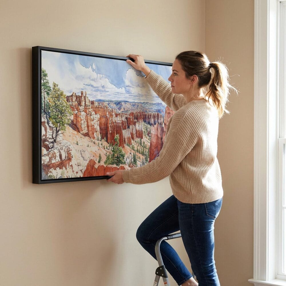 03 - Woman Hanging Bryce Canyon National Park Watercolor - Panorama Canvas Wall art with Black Floater Frame.jpg 03 - Woman Hanging Bryce Canyon National Park Watercolor - Panorama Canvas Wall art with Black Floater Frame.jpg