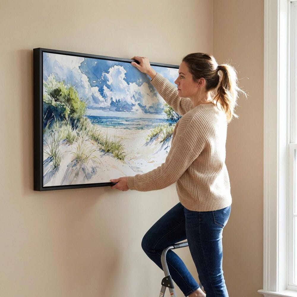 03 - Woman Hanging Indiana Dunes National Park Watercolor - Panorama Canvas Wall art with Black Floater Frame.jpg 03 - Woman Hanging Indiana Dunes National Park Watercolor - Panorama Canvas Wall art with Black Floater Frame.jpg