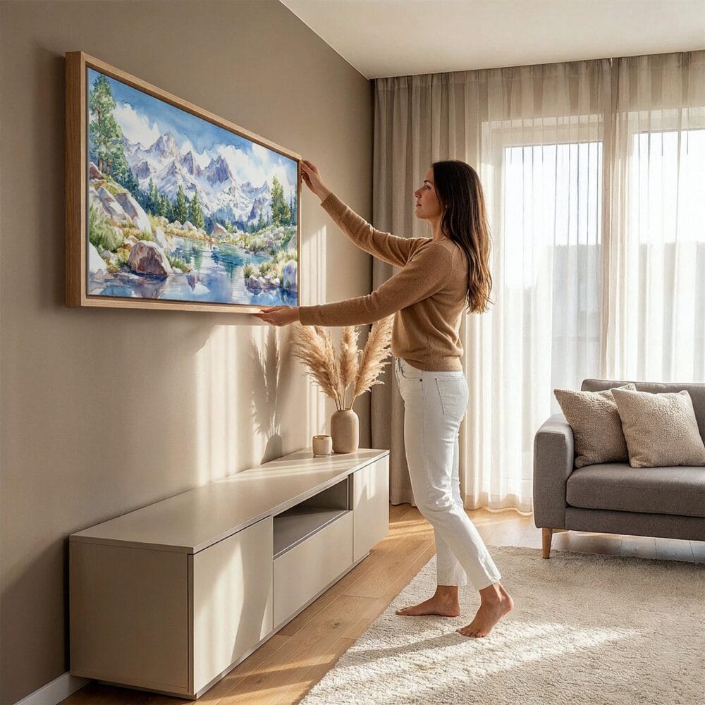 03 - Woman Hanging Inyo National Forest Watercolor - Panorama Canvas Wall art with Natural Floater Frame in Modern Living Room.jpg 03 - Woman Hanging Inyo National Forest Watercolor - Panorama Canvas Wall art with Natural Floater Frame in Modern Living Room.jpg