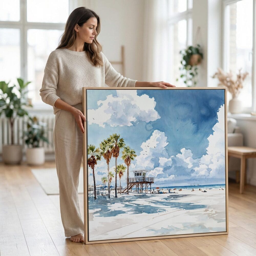 03 - Woman standing in living room with Large Los Angeles Beach Watercolor - Square Canvas Print with Natural floater Frame.jpg 03 - Woman standing in living room with Large Los Angeles Beach Watercolor - Square Canvas Print with Natural floater Frame.jpg