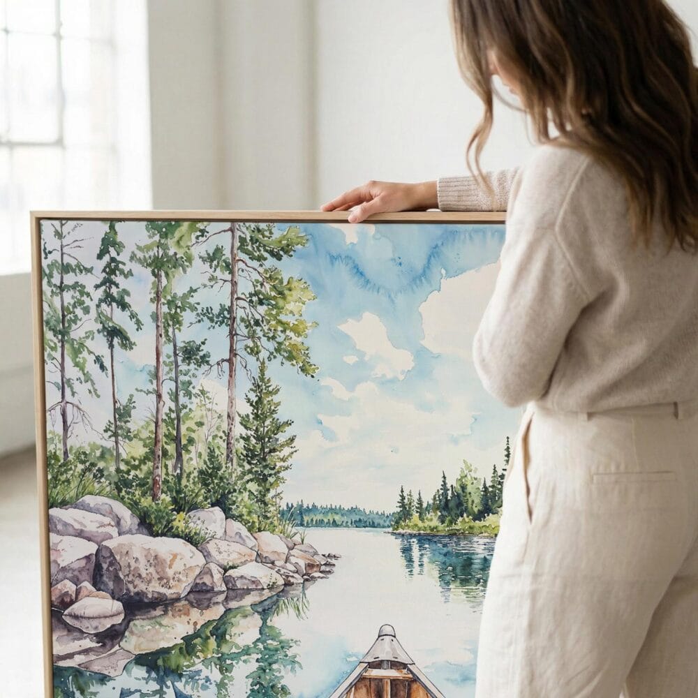 03 - Woman standing next to Large Boundary Waters Square Watercolor Canvas Print with Natural floater Frame.jpg 03 - Woman standing next to Large Boundary Waters Square Watercolor Canvas Print with Natural floater Frame.jpg