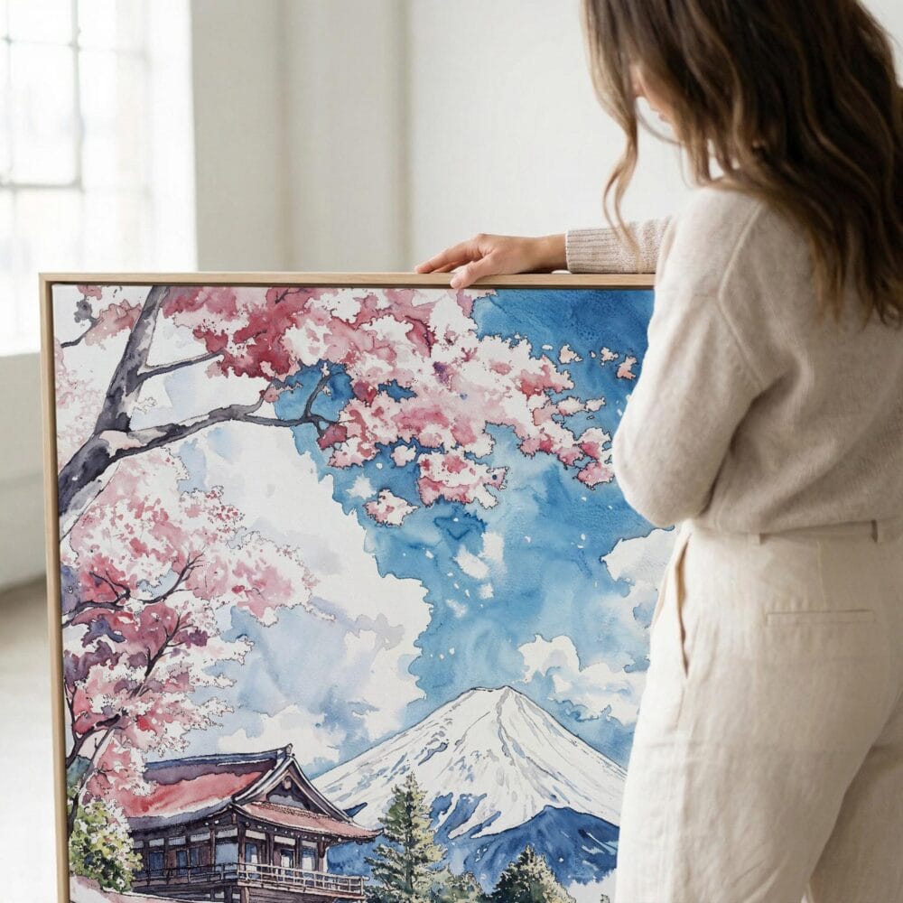 03 - Woman standing next to Large Mount Fuji Japan Square Watercolor Canvas Print with Natural floater Frame.jpg 03 - Woman standing next to Large Mount Fuji Japan Square Watercolor Canvas Print with Natural floater Frame.jpg