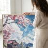 03 - Woman standing next to Large Mount Fuji Japan Square Watercolor Canvas Print with Natural floater Frame.jpg