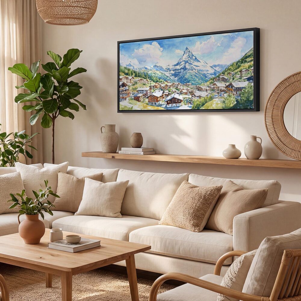 03 - Zermatt Switzerland Watercolor - Panorama Canvas Print with Black Floater Frame - Boho Room.jpg 03 - Zermatt Switzerland Watercolor - Panorama Canvas Print with Black Floater Frame - Boho Room.jpg