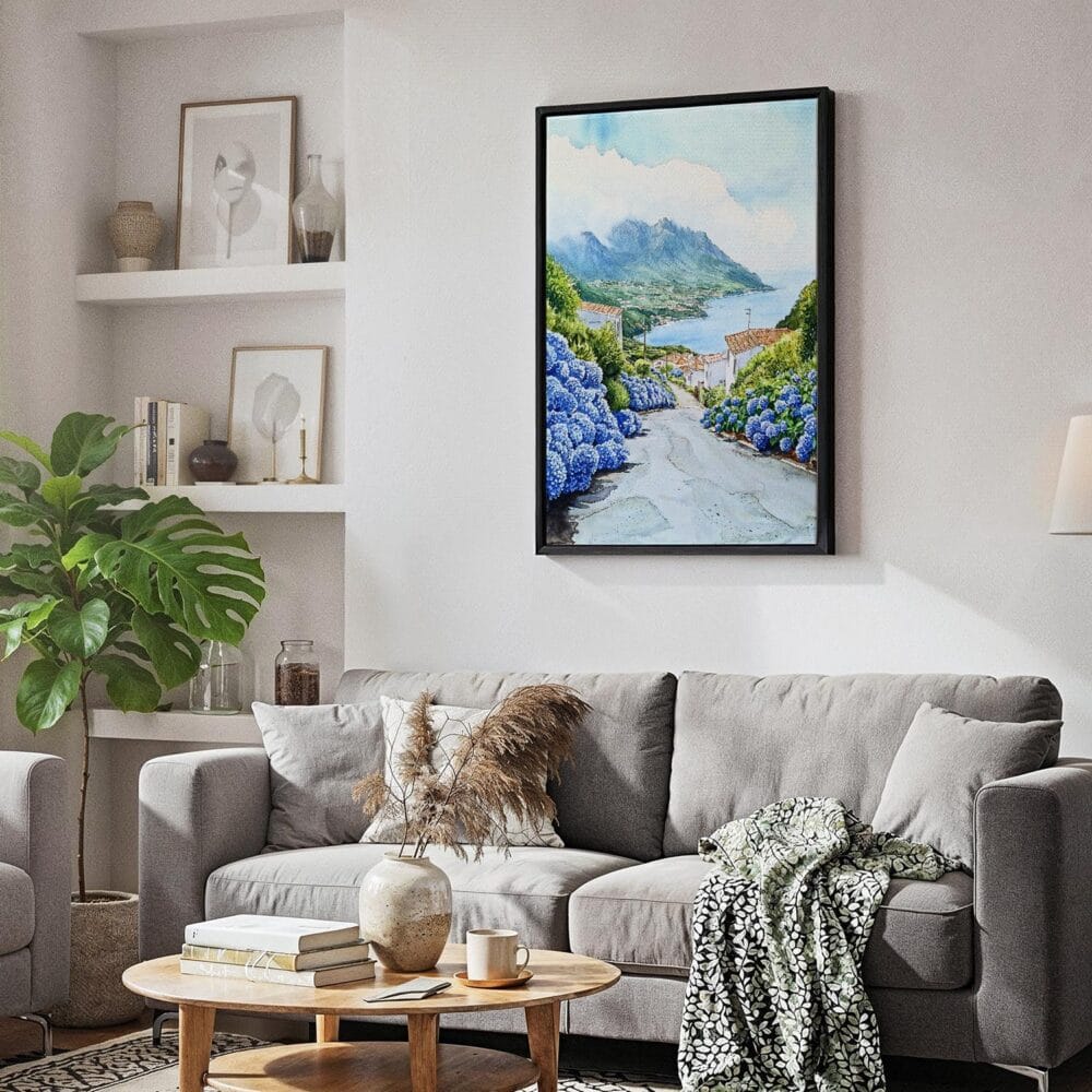 04 - Black Framed Pico Island Portugal Watercolor Canvas Print - Skandinavian Living Room - Vertical.jpg 04 - Black Framed Pico Island Portugal Watercolor Canvas Print - Skandinavian Living Room - Vertical.jpg