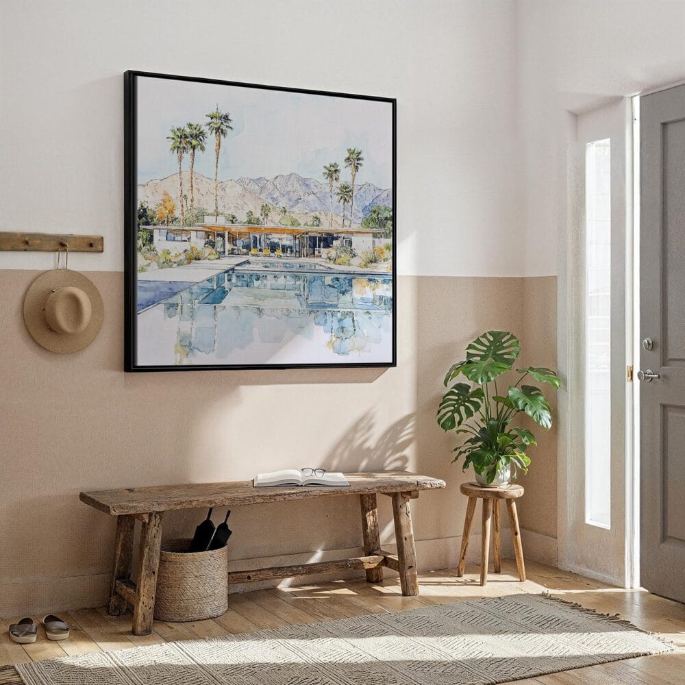 04 - Framed Abstract Palm Springs Square Watercolor Canvas Print - Hallway.jpg 04 - Framed Abstract Palm Springs Square Watercolor Canvas Print - Hallway.jpg